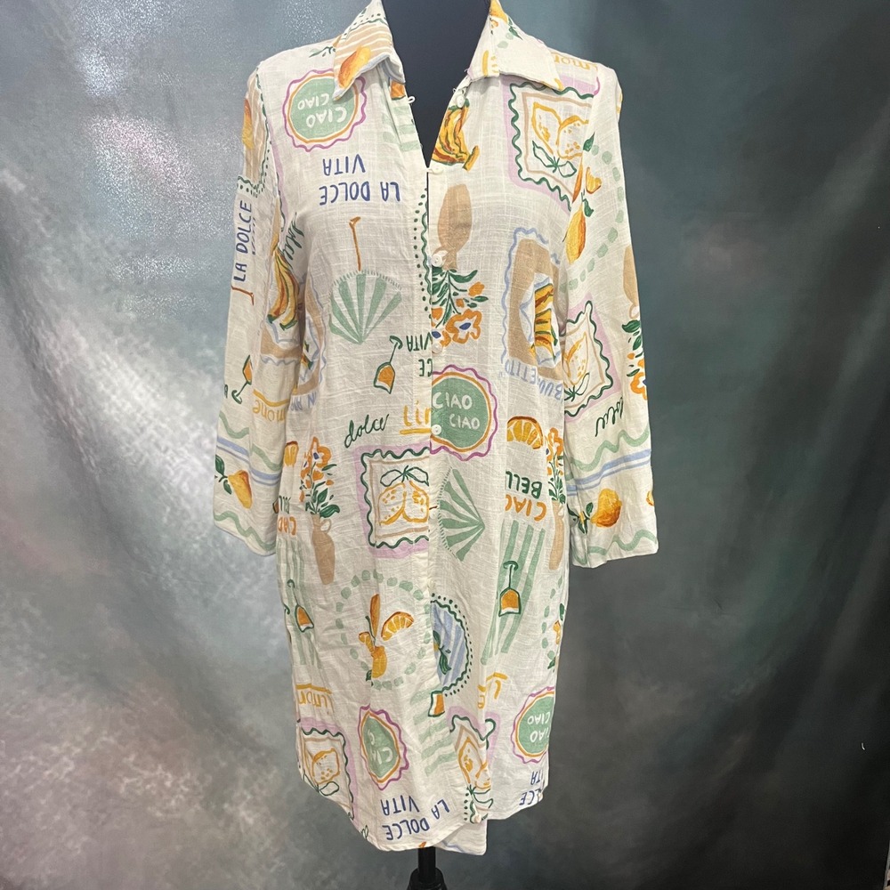 Label of Love Ciao Bella Italian Print‎ Linen Blend Swim Cover Up Medium